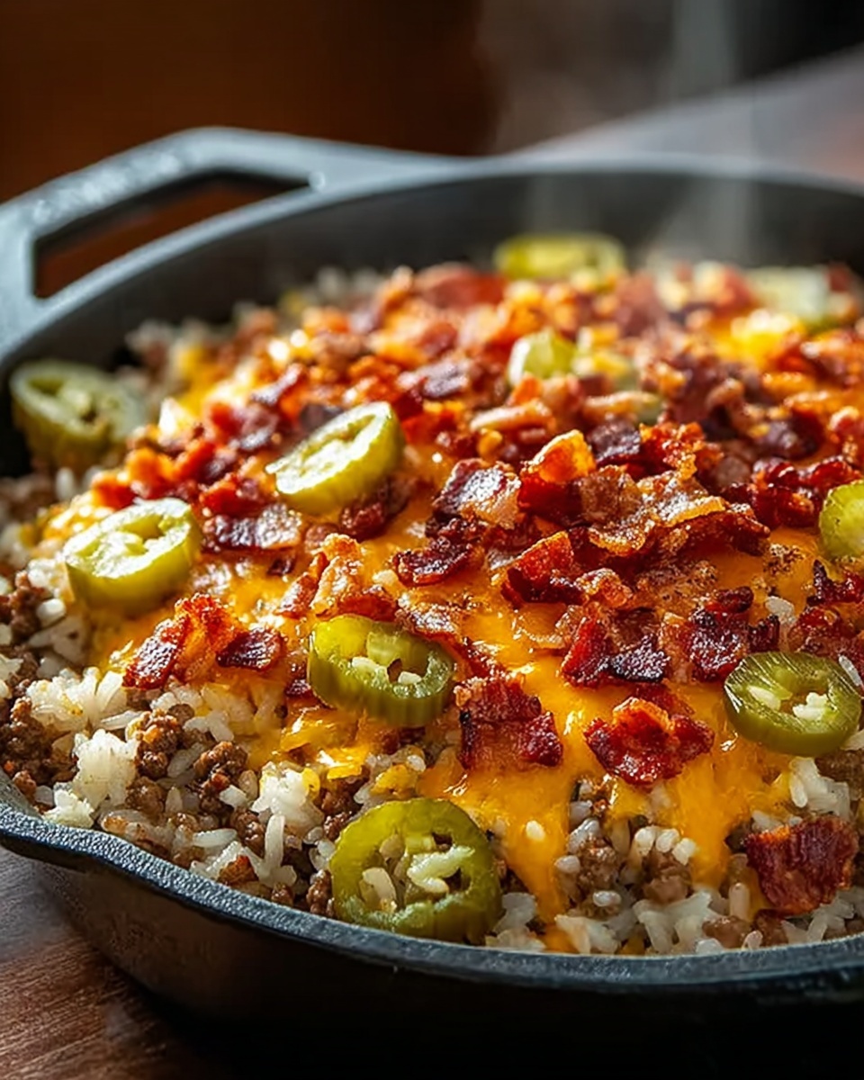 Skillet filled with cheesy rice topped with ground beef, crispy bacon, jalapeños, and melted cheddar cheese.